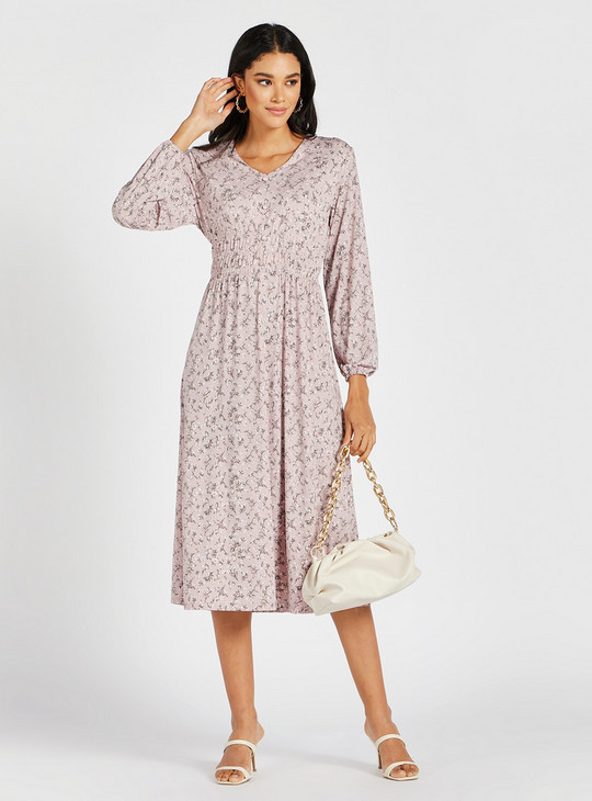 All-Over Floral Print Midi A-Line Dress with Long Sleeves and Smocking Detail