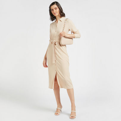 Ribbed Midi Shirt Dress with Tie-Up Belt and Button Closure