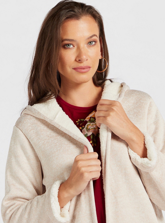 Textured Cardigan with Hood and Long Sleeves