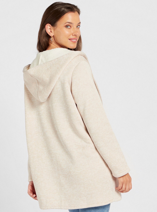 Textured Cardigan with Hood and Long Sleeves