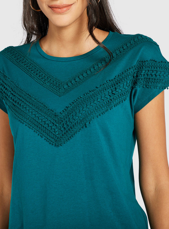 Embroidered T-shirt with Round Neck and Cap Sleeves