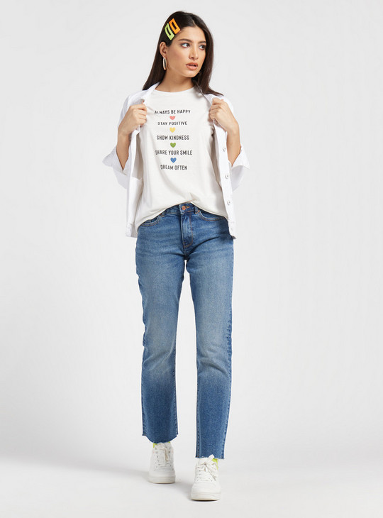 Text Print T-shirt with Round Neck and Cap Sleeves