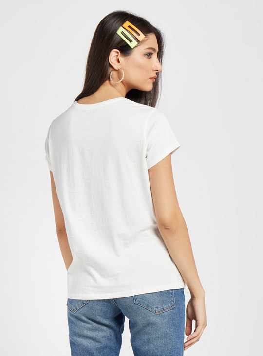 Text Print T-shirt with Round Neck and Cap Sleeves