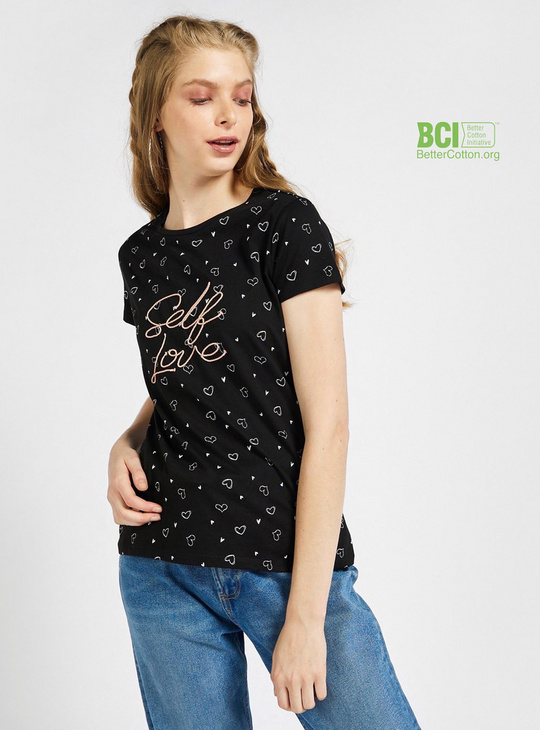 All-Over Print BCI Cotton T-shirt with Round Neck and Cap Sleeves