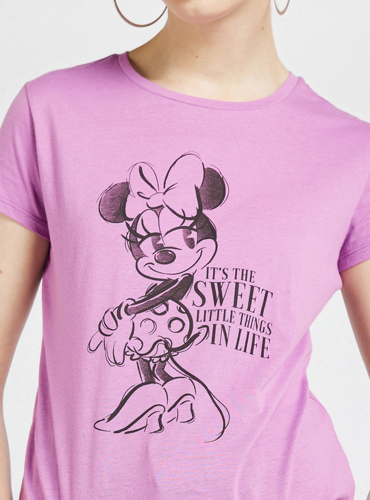 Minnie Mouse Print Round Neck T-shirt with Cap Sleeves
