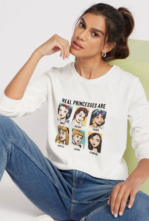 Disney Princess Graphic Print Sweatshirt with Round Neck and Long Sleeves