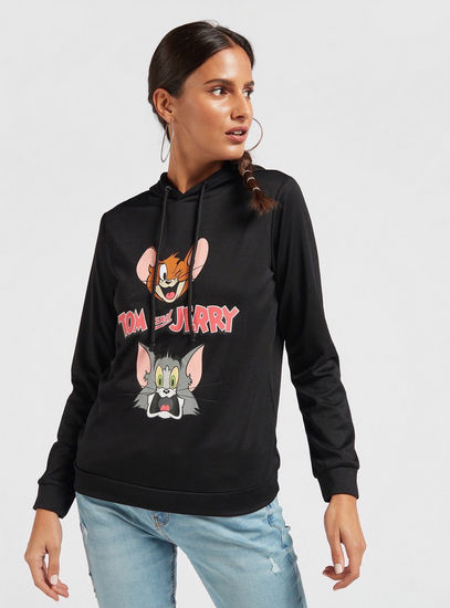 Tom and Jerry Print Sweatshirt with Hood and Long Sleeves