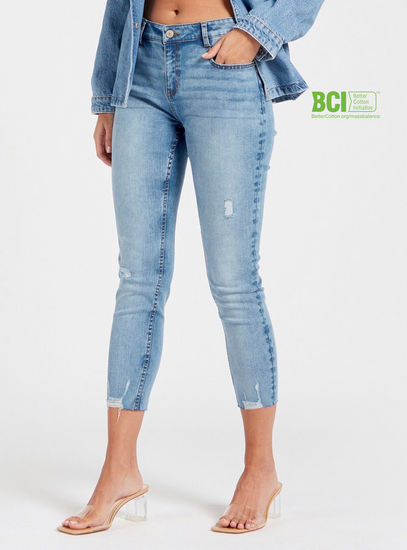 Skinny Fit BCI Cotton Mid-Rise Ripped Jeans with Button Closure