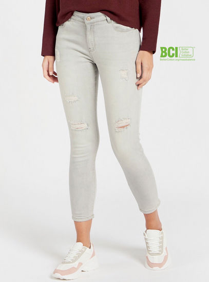 Skinny Fit BCI Cotton Ankle Length Ripped Jeans with Zip Closure