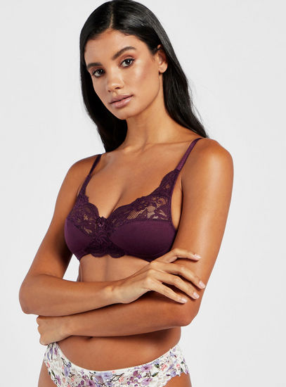 Non-Padded Lace Panelled V-neck Bra with Hook and Eye Closure