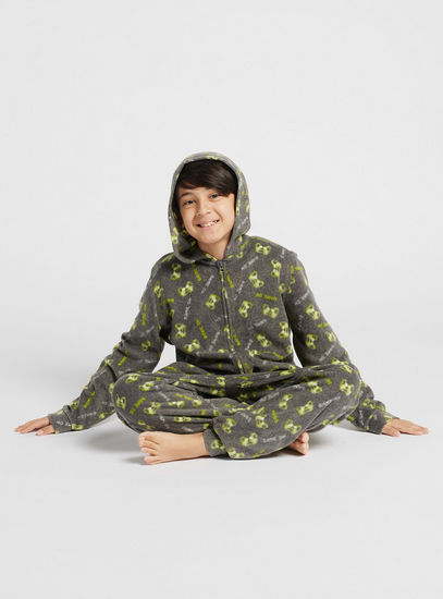 All-Over Printed Hooded Onesie with Long Sleeves and Zip Closure