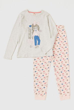 Graphic Print T-shirt and All-Over Printed Pyjamas Set