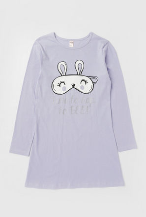 Graphic Print Knee Length Sleepshirt with Round Neck and Long Sleeves