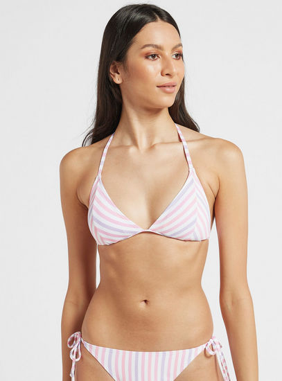Striped Sleeveless Bikini Top with Halter Neck