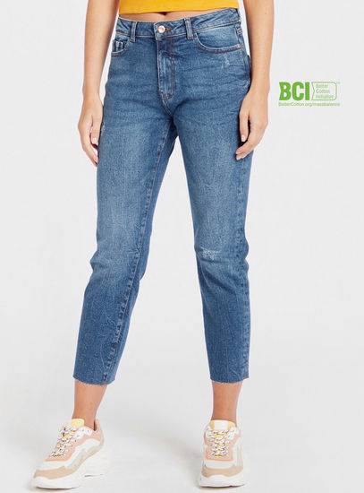 Solid BCI Cotton Mid-Rise Cropped Jeans with Pockets