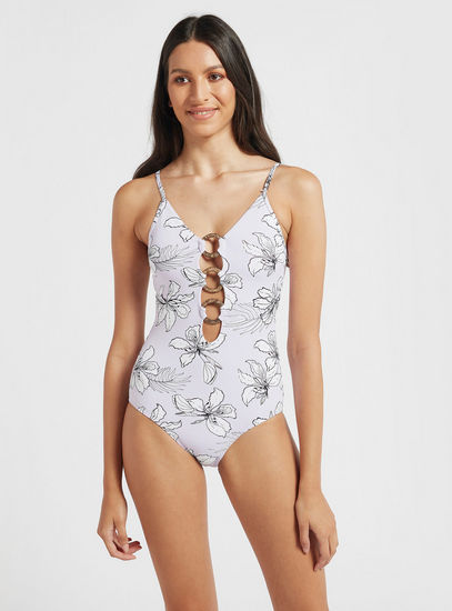 All-Over Floral Print Sleeveless Swimsuit with V-neck and Ring Detail