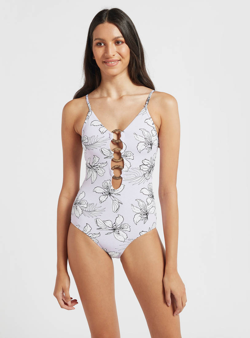 All-Over Floral Print Sleeveless Swimsuit with V-neck and Ring Detail-Swimwear-image-0