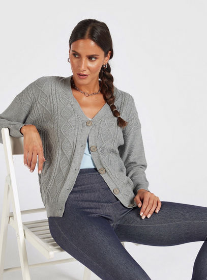 Textured Cardigan with V-neck and Long Sleeves