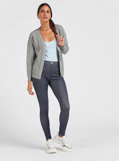 Textured Cardigan with V-neck and Long Sleeves
