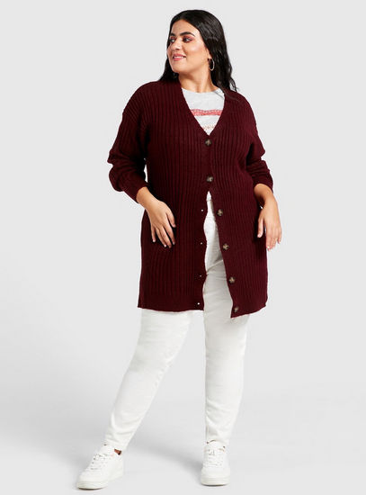 Textured Cardigan with Long Sleeves and Button Closure