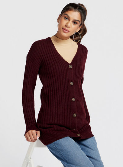 Textured Cardigan with Long Sleeves and Button Closure-Sweaters & Cardigans-image-0