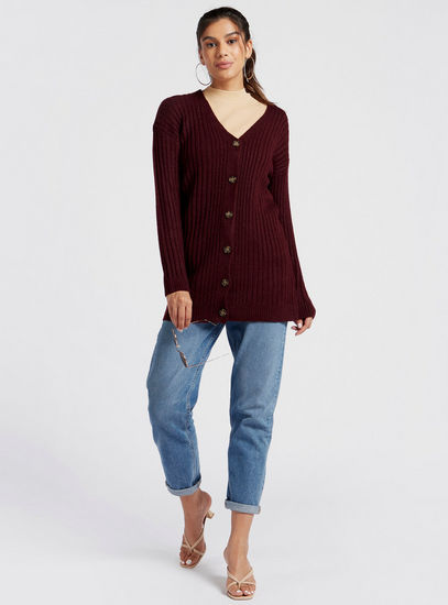 Textured Cardigan with Long Sleeves and Button Closure-Sweaters & Cardigans-image-1
