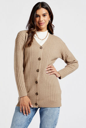 Textured Cardigan with Long Sleeves and Button Closure