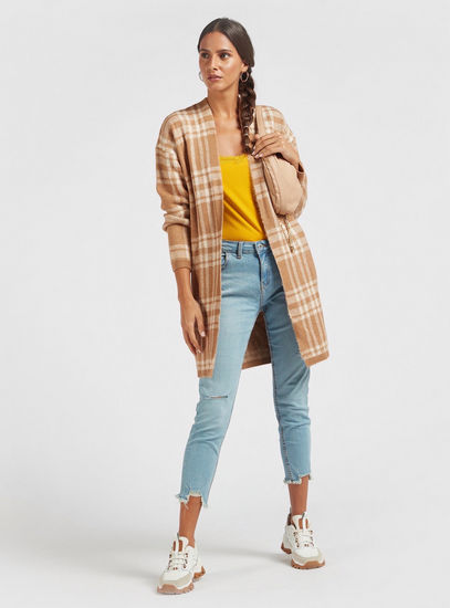 Chequered Longline Cardigan with Long Sleeves-Sweaters & Cardigans-image-1