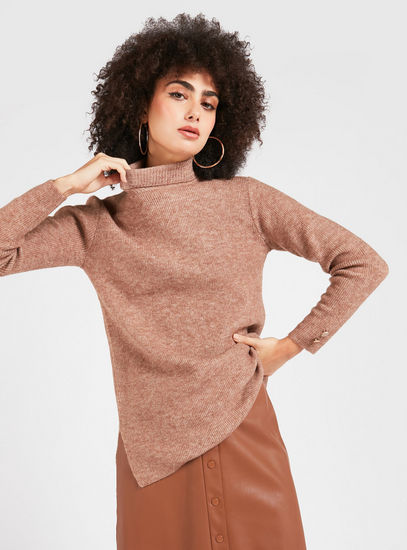 Textured High Neck Sweater with Long Sleeves-Sweaters & Cardigans-image-0