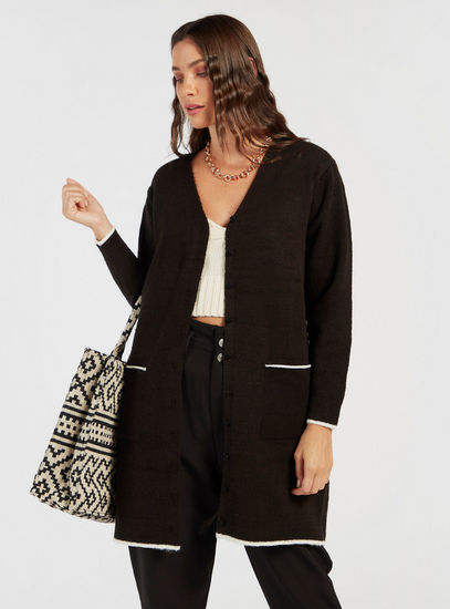 Textured Longline Cardigan with Long Sleeves and Piping Detail-Sweaters & Cardigans-image-0