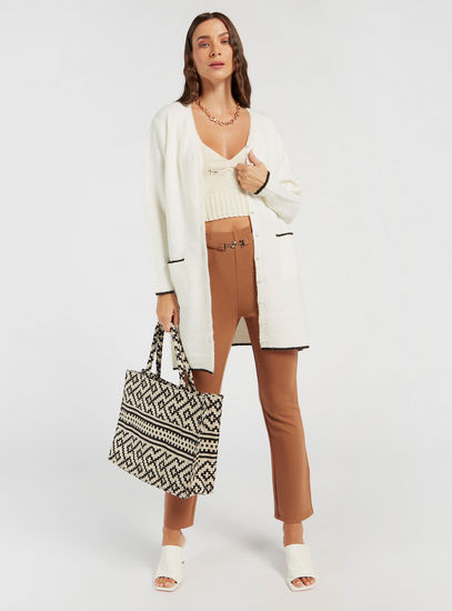 Textured Longline Cardigan with Long Sleeves and Piping Detail-Sweaters & Cardigans-image-1