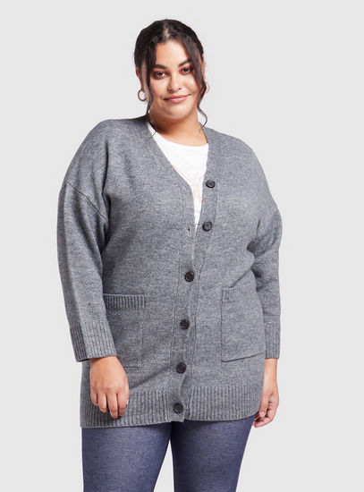 Textured V-neck Cardigan with Pockets and Long Sleeves