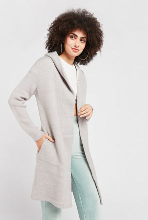 Textured Cardigan with Long Sleeves and Hood