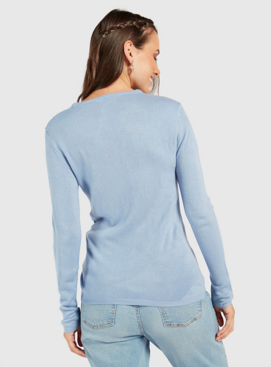 Solid Sweater with Round Neck and Long Sleeves