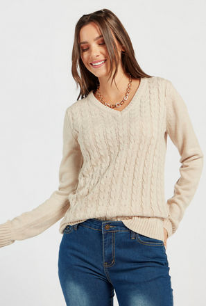 Textured Sweater with V-neck and Long Sleeves