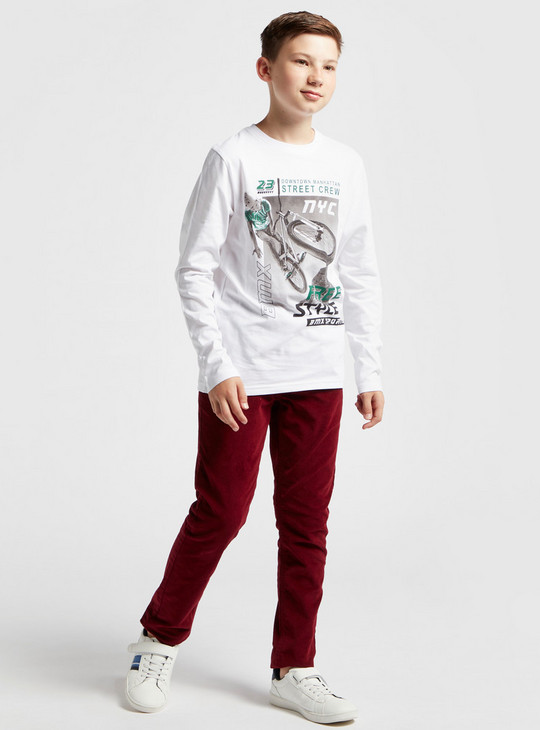 Graphic Print BCI Cotton T-shirt with Round Neck and Long Sleeves