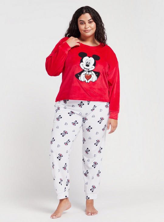 Mickey Mouse Print T-shirt with Long Sleeves and All-Over Printed Pyjamas Set