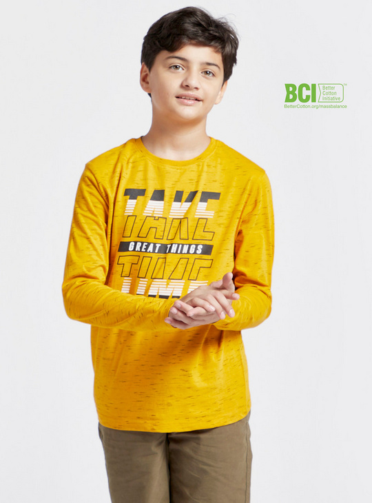 Slogan Print BCI Cotton T-shirt with Round Neck and Long Sleeves