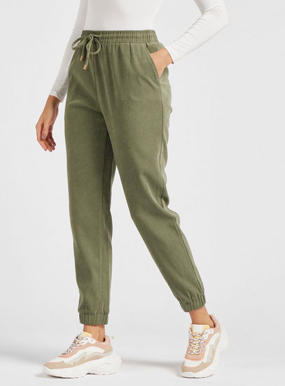 Solid Mid-Rise Ankle Length Jog Pants with Pockets and Drawstring Closure