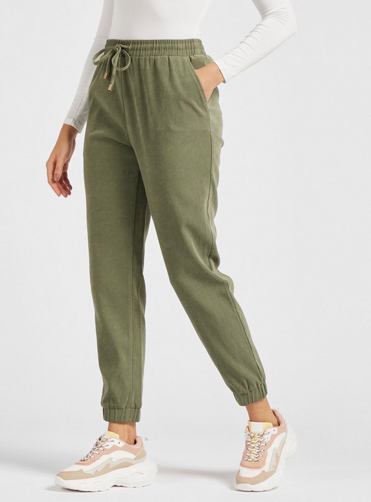 Solid Mid-Rise Ankle Length Jog Pants with Pockets and Drawstring Closure