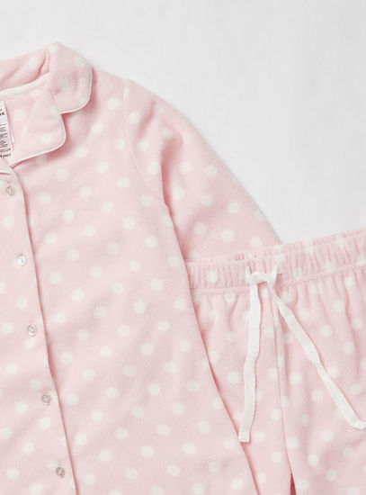 Polka Dot Print Long Sleeves Shirt and Full-Length Pyjama Set