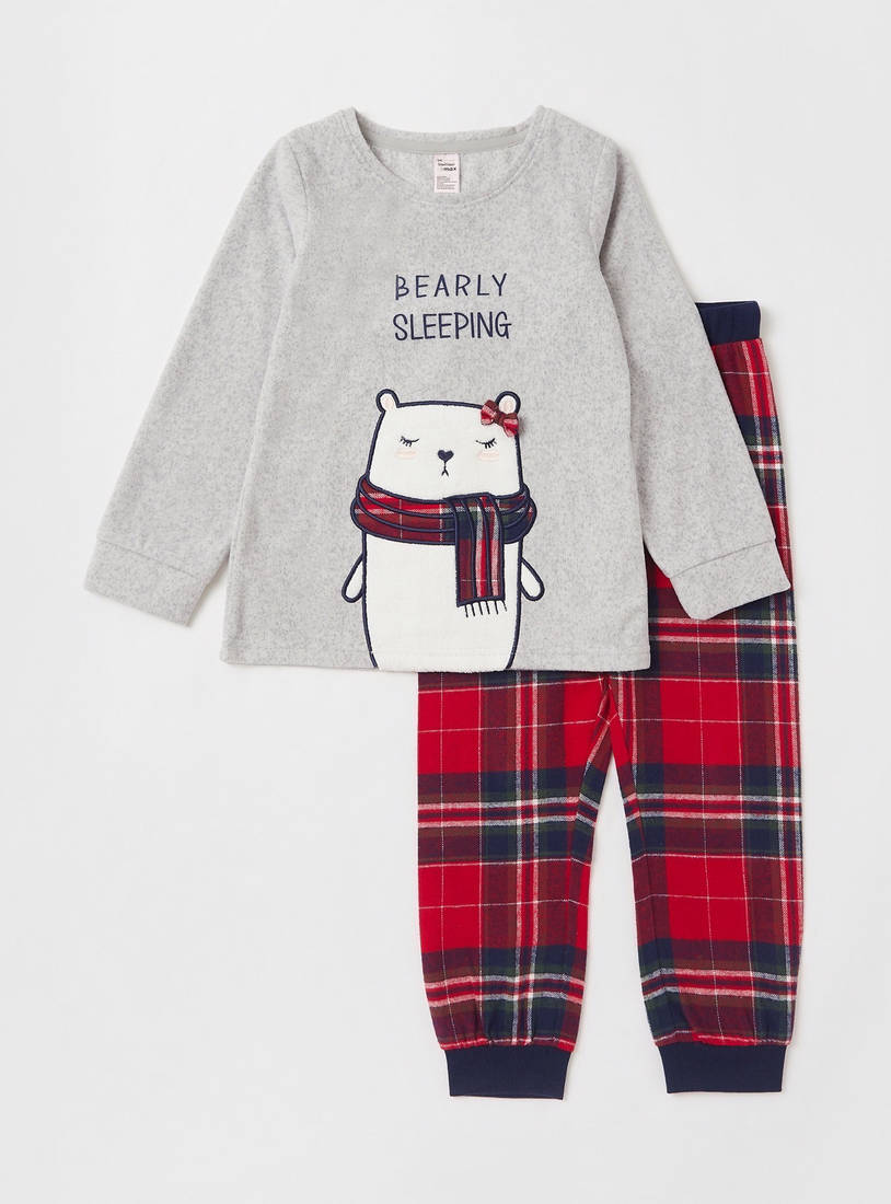 Embroidered T-shirt and Checked Jog Pants Set-Pyjama Sets-image-0