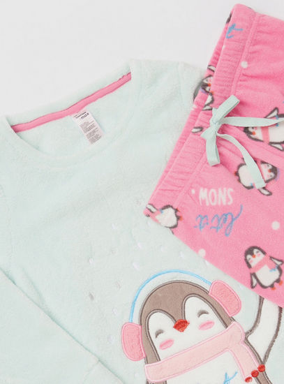 Embroidery Detail T-shirt with Long Sleeves and All-Over Printed Pyjamas Set