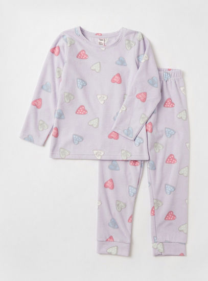 All-Over Hearts Print T-shirt with Long Sleeves and Pyjamas Set