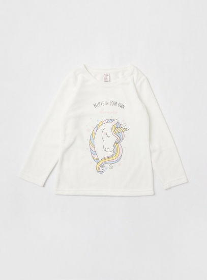 Unicorn Print T-shirt with Long Sleeves and All-Over Printed Pyjamas Set