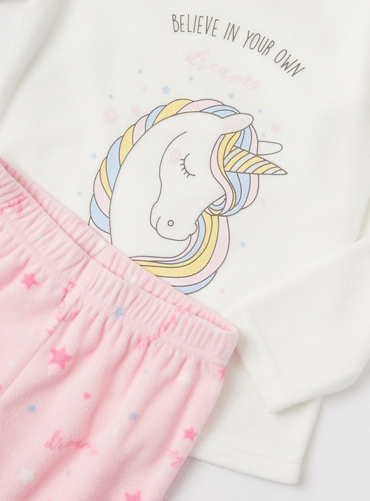 Unicorn Print T-shirt with Long Sleeves and All-Over Printed Pyjamas Set