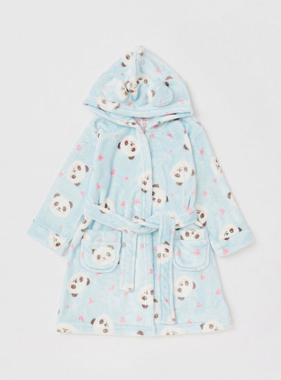 All-Over Panda Print Robe with Long Sleeves and Pockets