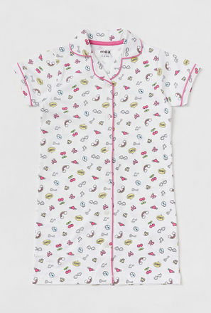 All-Over Print Sleepshirt with Spread Collar and Short Sleeves