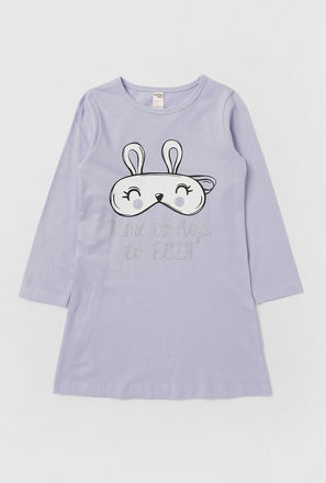 Graphic Print Sleepshirt with Round Neck and Long Sleeves