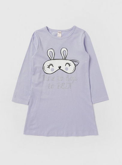Graphic Print Sleepshirt with Round Neck and Long Sleeves